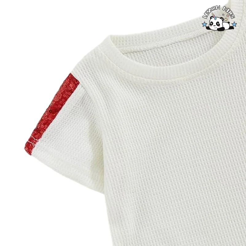 LEZONKIDS - Customized Girls Sequin Stripe Sleeves Patchwork T Shirt + Shorts Kids Clothing Set